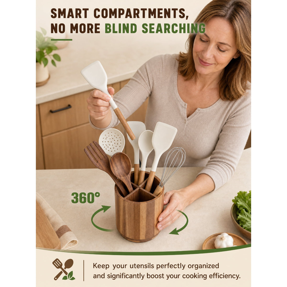 Doulami Utensil Holder, 360° Rotating, 7.2" Wood Cooking Utensil Crock for Countertop, Farmhouse Kitchen Decor