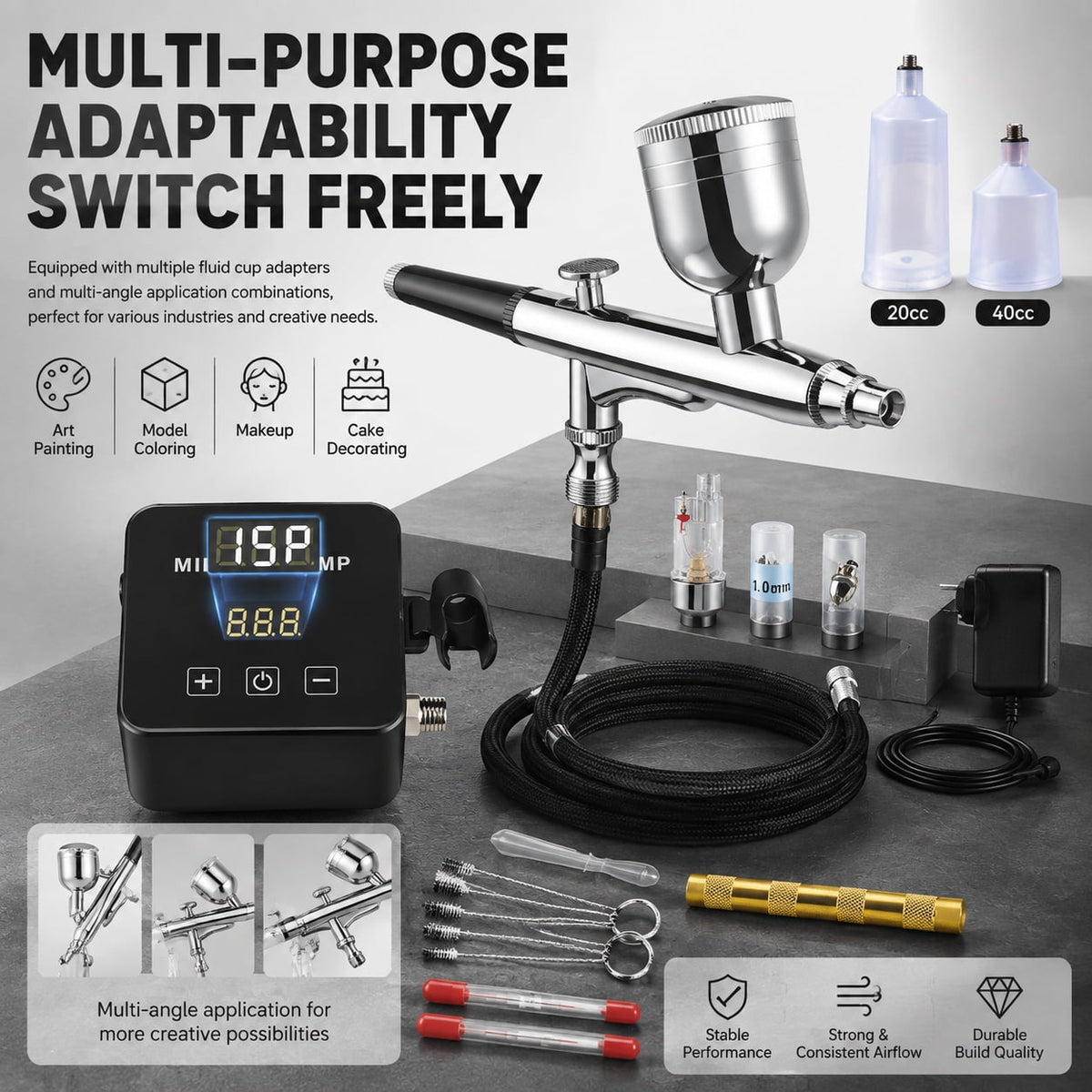 Doulami Airbrush Kit with Air Compressor, Digital Display High Pressure Air Brush Non-Clogging with 0.2/0.5mm Nozzle, for Painting,Modeling,Cake Decor, Makeup,Black