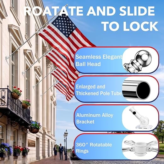 Doulami Flag Pole for Outside House, 6FT Silver 5-Section Tangle Free Spinning Stainless Steel Flagpole Kit with Adjustable Bracket, Heavy Duty Rustproof Outdoor Flag Poles for Residential Gard