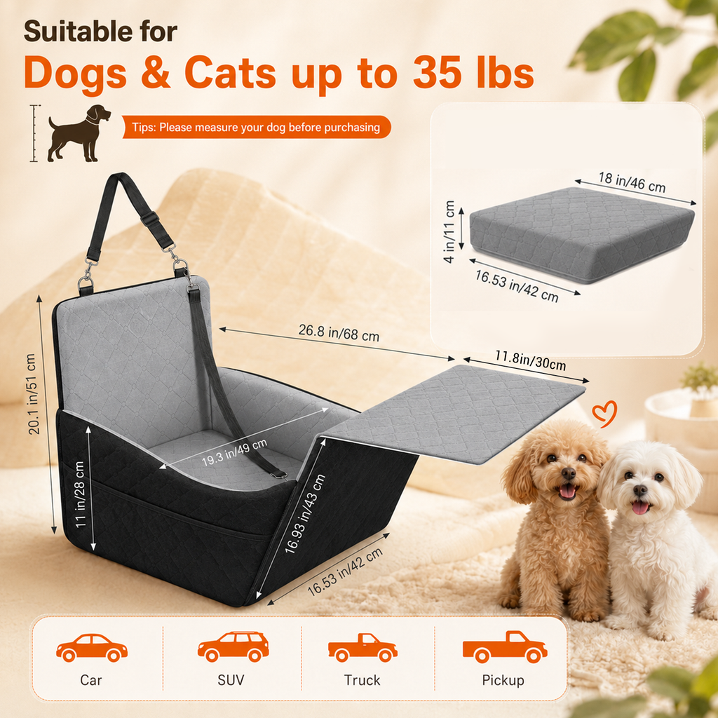 Doulami Dog Car Seat, Dog Booster Car Seats for Small & Medium Breeds Up to 35lbs, Fully Detachable and Washable, Soft Foam Pet Car seat with 2 Storage Pockets & 3 Safety Belts, Black & Gray
