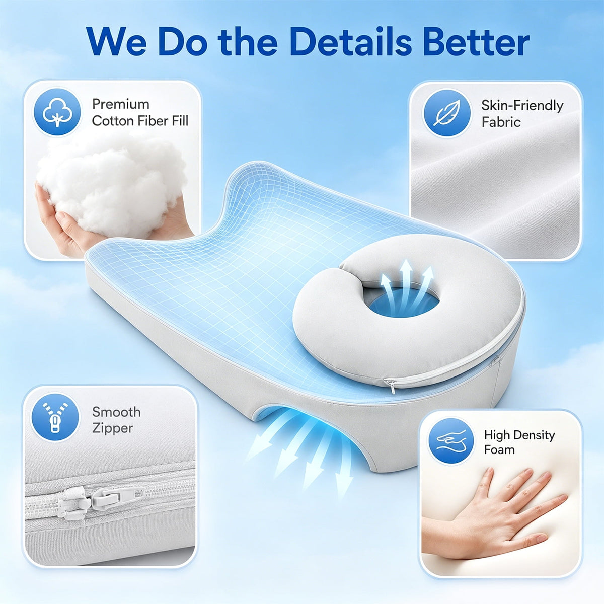 Doulami Face Down Pillow for Massage & BBL Recovery, Ergonomic Prone Pillow with Face Hole, 15.5° Wedge Pillow for Eye Surgery Recovery, Memory Foam Pillow, Washable Cover