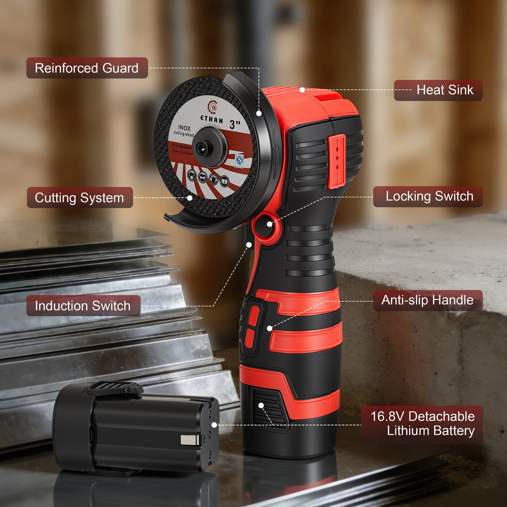 Doulami Cordless Angle Grinder, 16.8V 3 Inch Mini Power Grinder with 2 Batteries, 28000RPM Adjustable Guard, 4-in-1 Cutting Tool for Metal Wood Stone DIY