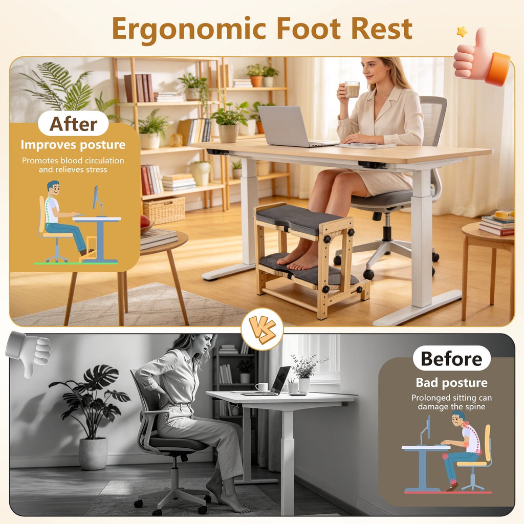 Wooden Foot Rest Under Desk, 2-Tier Adjustable Under Desk Footrest with Removable Washable Cushion, Ergonomic Office Foot Rest Under Desk for Home & Work, 4 Height Levels, 150 lbs