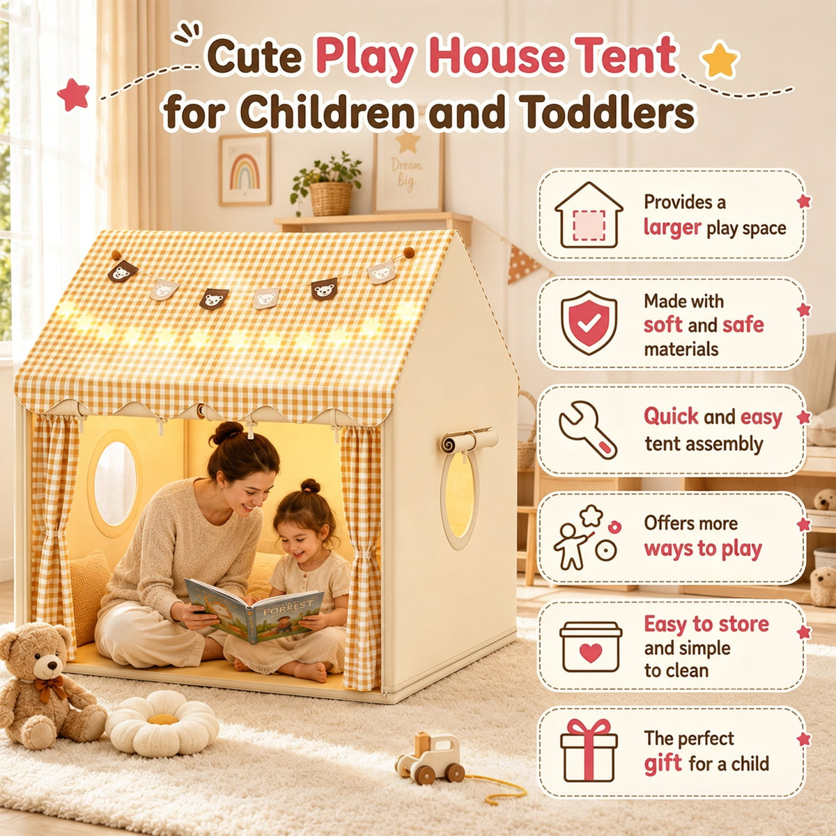 DOULAMI Kids Play Tent Indoor with Star Lights & Bear Garland - Spacious Playhouse Tent for Kids, Durable Kids Toys for Girls Boys Birthday Gift