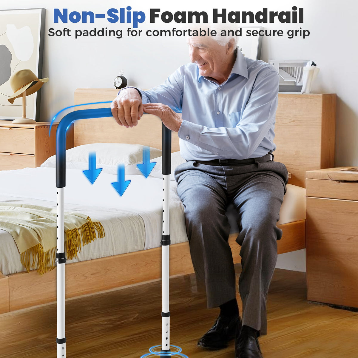 Doulami Bed Assist Rail for Elderly Adults Height Adjustable Bedside Standing Bar for Seniors Safety Bed Handle with Leg Fall Prevent Grab Bar with Storage Pocket