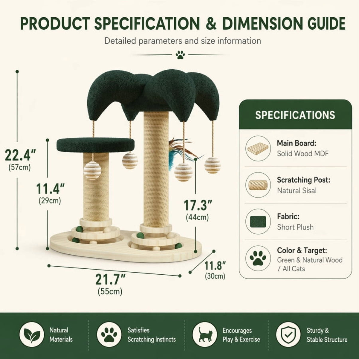 Doulami Cat Scratching Post, Palm Tree Cat Tree Tower with Sisal Posts, Dual Platforms, Hanging Balls and Feather Teaser for Indoor Cats