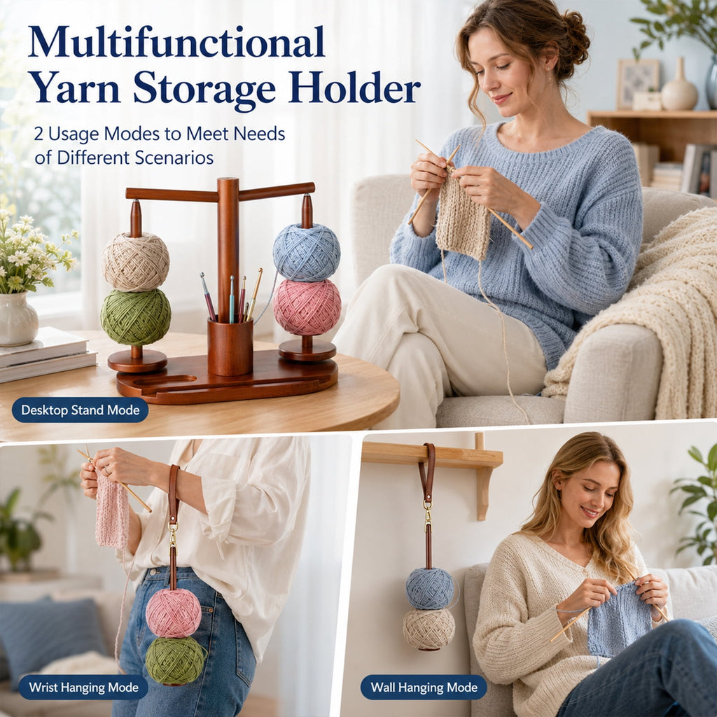 DOULAMI Wooden Yarn Holder for Crocheting and Knitting, Magnetic Rotating Yarn Spinner with 2 Spindles, Crochet Accessories Storage & Phone Stand