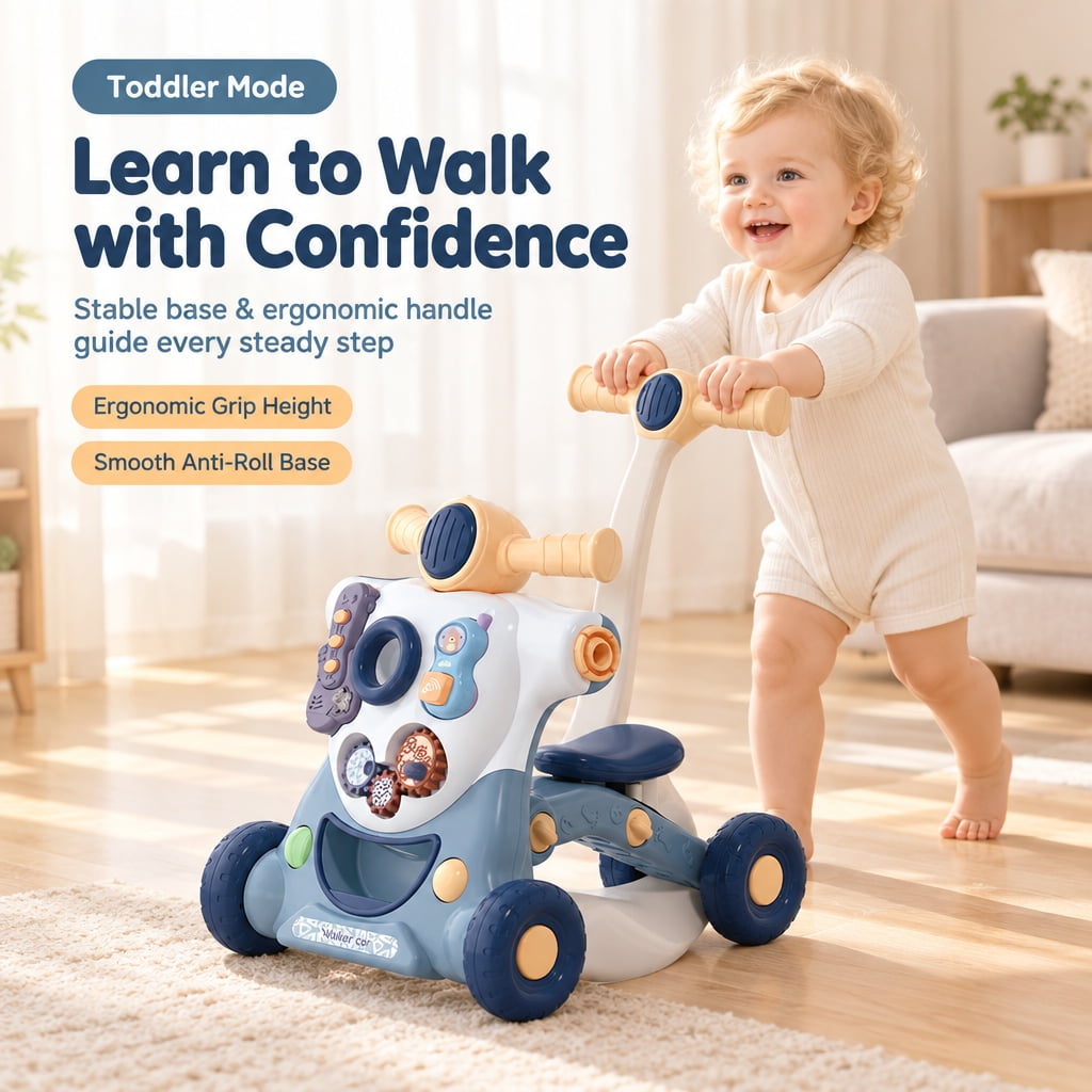 Doulami Baby Walk, 6-in-1 Baby Walker Ride On Toy with Activity Panel, Music, Lights, Push Handle and Rocking Base, Morandi Blue