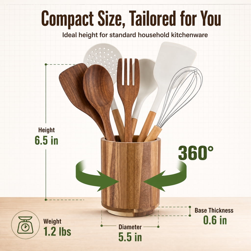 Doulami Utensil Holder, 360° Rotating, 7.2" Wood Cooking Utensil Crock for Countertop, Farmhouse Kitchen Decor