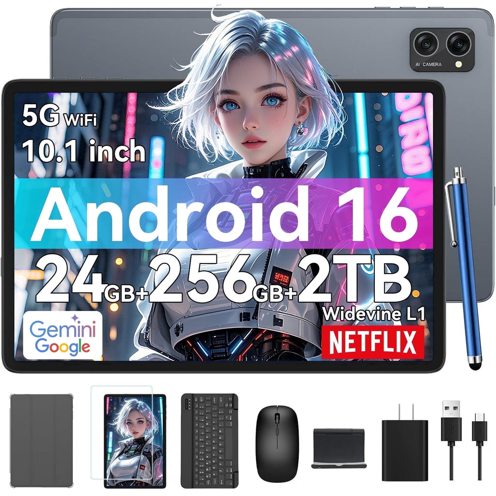 Tablet 2026 Latest Android 16 Tablets with 10.1 Inch Incell Display, 24GB RAM 256GB ROM /2TB TF, Gemini AI, T606 Octa-Core+8MP Camera, 5000mAh, Widevine L1, 2 in 1 Tablets with Keyboard Mouse Stylus