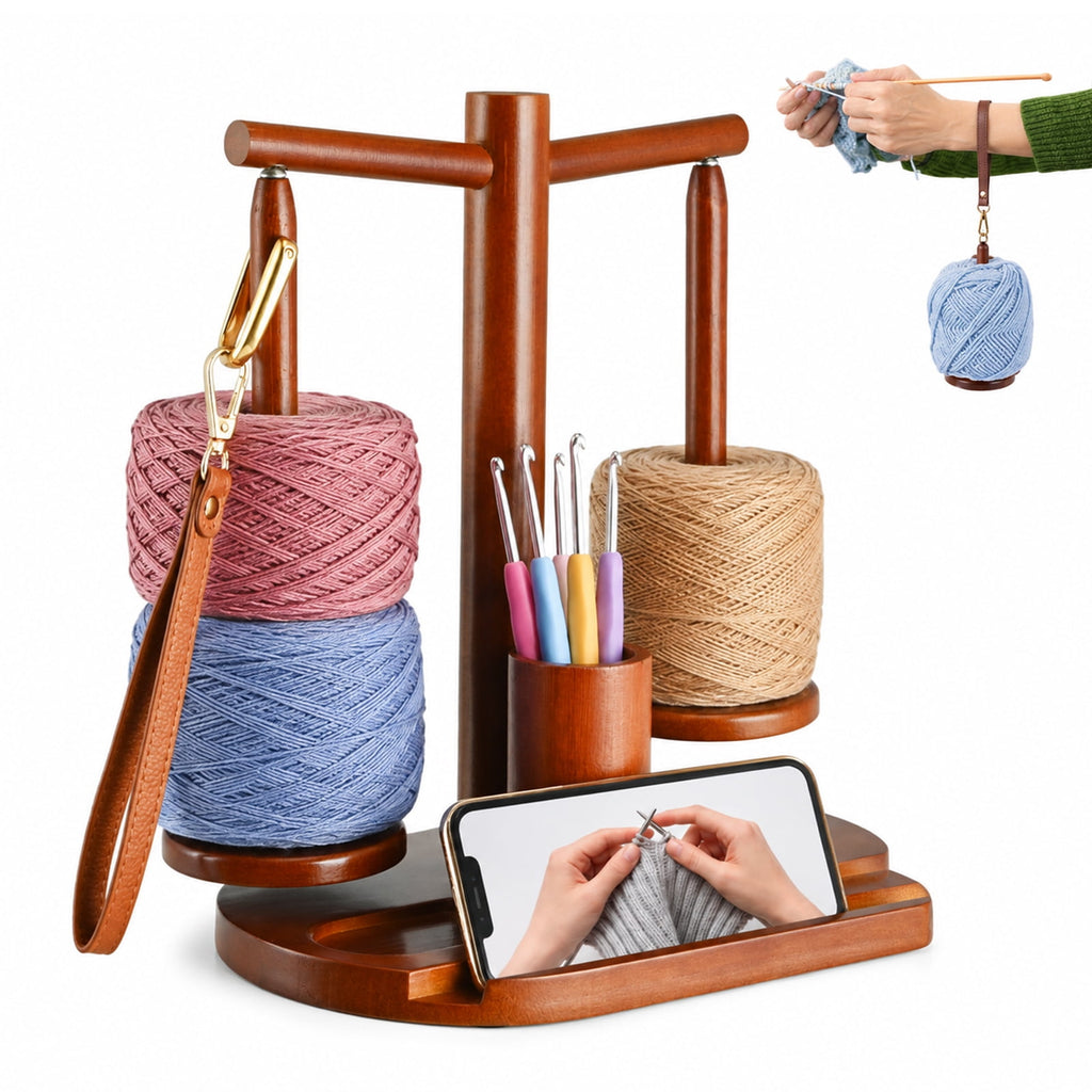 DOULAMI Wooden Yarn Holder for Crocheting and Knitting, Magnetic Rotating Yarn Spinner with 2 Spindles, Crochet Accessories Storage & Phone Stand
