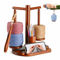 DOULAMI Wooden Yarn Holder for Crocheting and Knitting, Magnetic Rotating Yarn Spinner with 2 Spindles, Crochet Accessories Storage & Phone Stand