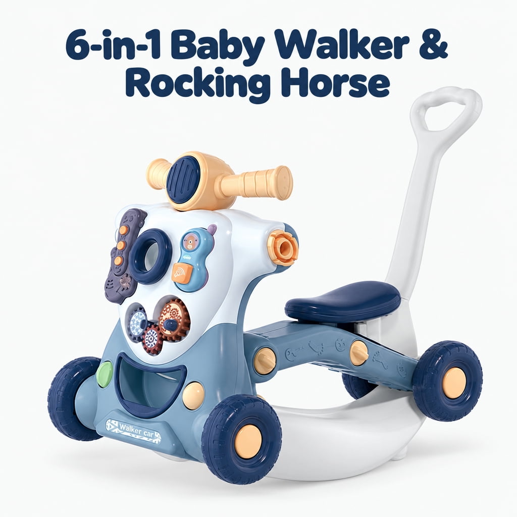 Doulami Baby Walk, 6-in-1 Baby Walker Ride On Toy with Activity Panel, Music, Lights, Push Handle and Rocking Base, Morandi Blue