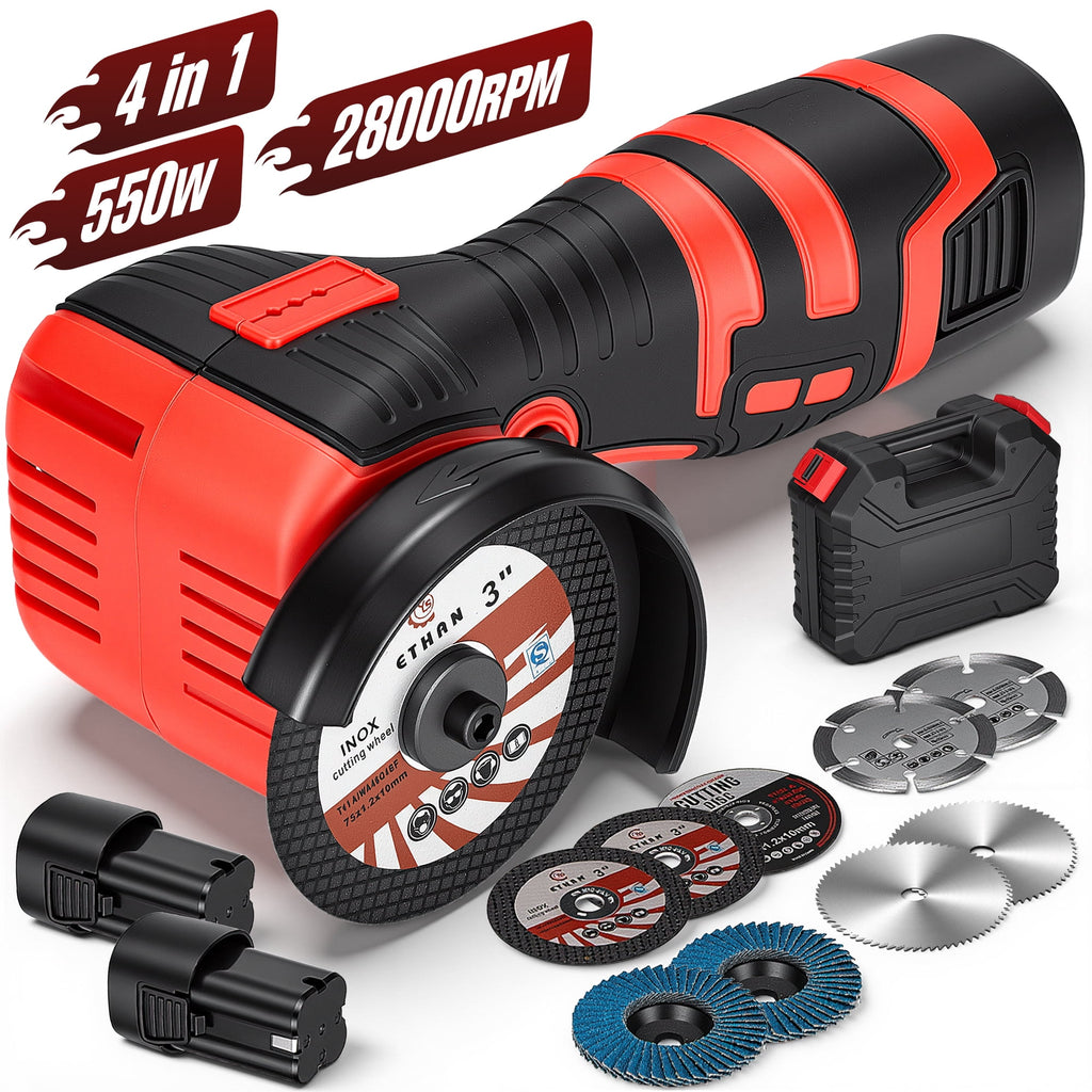 Doulami Cordless Angle Grinder, 16.8V 3 Inch Mini Power Grinder with 2 Batteries, 28000RPM Adjustable Guard, 4-in-1 Cutting Tool for Metal Wood Stone DIY