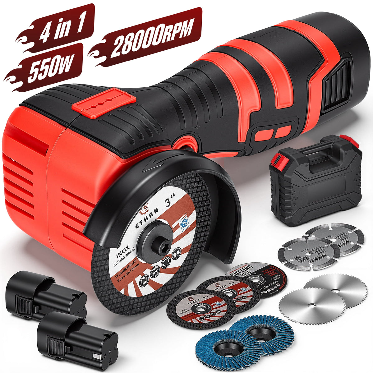 Doulami Cordless Angle Grinder, 16.8V 3 Inch Mini Power Grinder with 2 Batteries, 28000RPM Adjustable Guard, 4-in-1 Cutting Tool for Metal Wood Stone DIY