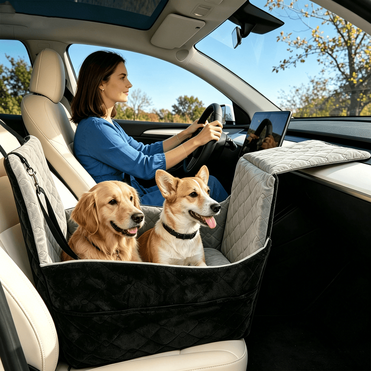 Doulami Dog Car Seat, Dog Booster Car Seats for Small & Medium Breeds Up to 35lbs, Fully Detachable and Washable, Soft Foam Pet Car seat with 2 Storage Pockets & 3 Safety Belts, Black & Gray