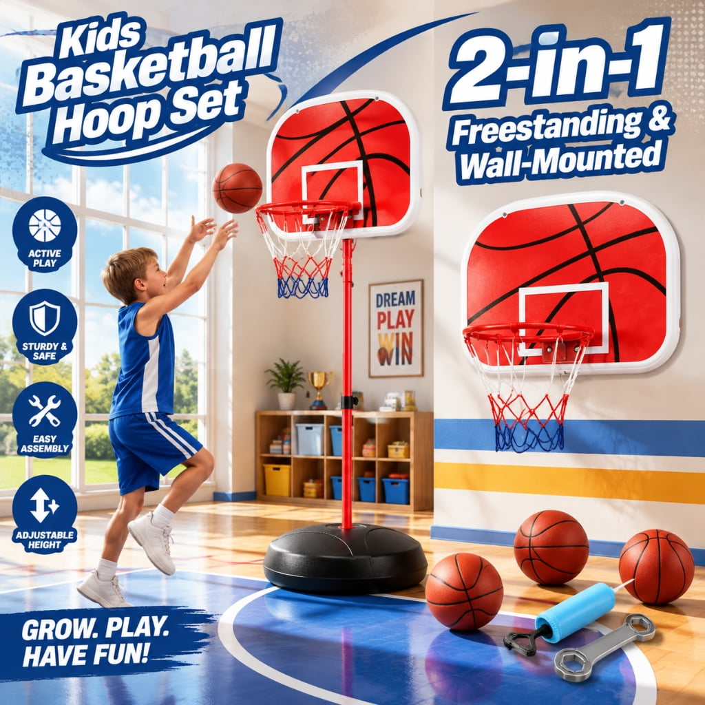 Doulami Kids Basketball Hoop, 1.8M Height Adjustable Indoor Outdoor Mini Basketball Goal Set with 3 Basketballs & Inflatable Pump, Sports Toy Gift for Boys Girls 3-8 Years Old