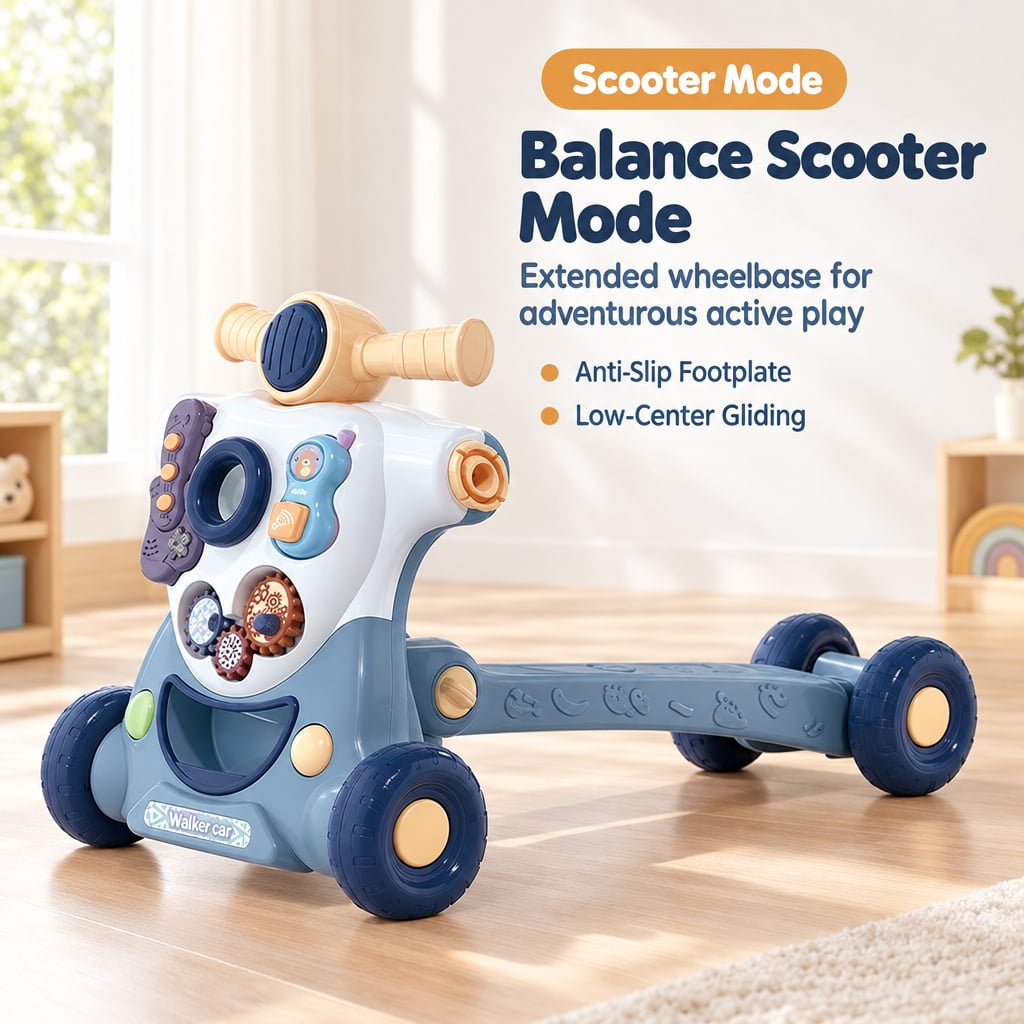Doulami Baby Walk, 6-in-1 Baby Walker Ride On Toy with Activity Panel, Music, Lights, Push Handle and Rocking Base, Morandi Blue