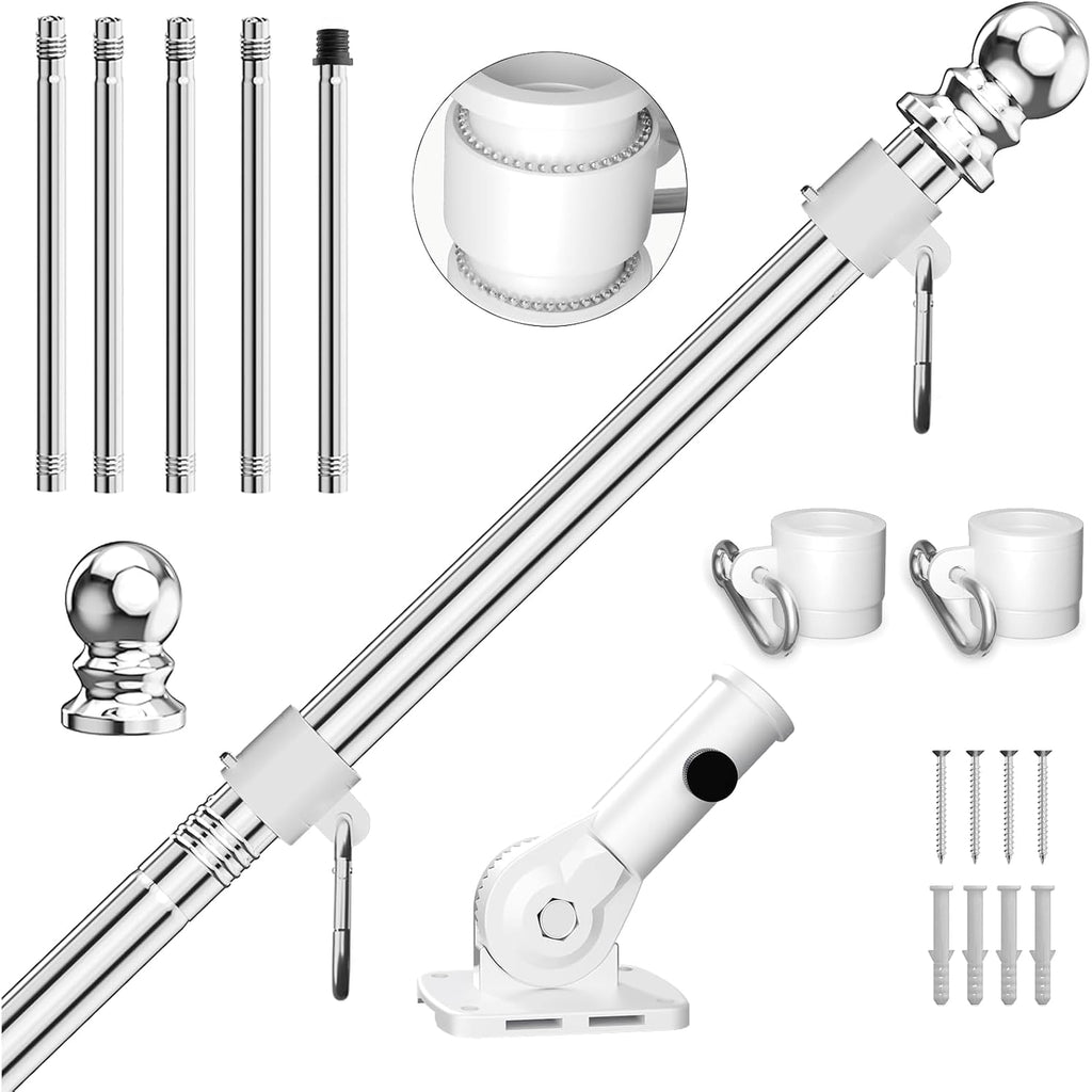 Doulami Flag Pole for Outside House, 6FT Silver 5-Section Tangle Free Spinning Stainless Steel Flagpole Kit with Adjustable Bracket, Heavy Duty Rustproof Outdoor Flag Poles for Residential Gard