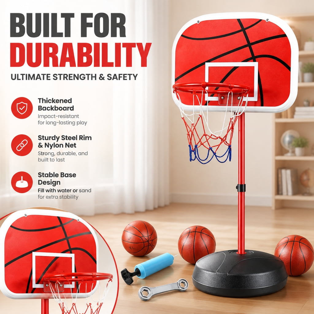 Doulami Kids Basketball Hoop, 1.8M Height Adjustable Indoor Outdoor Mini Basketball Goal Set with 3 Basketballs & Inflatable Pump, Sports Toy Gift for Boys Girls 3-8 Years Old
