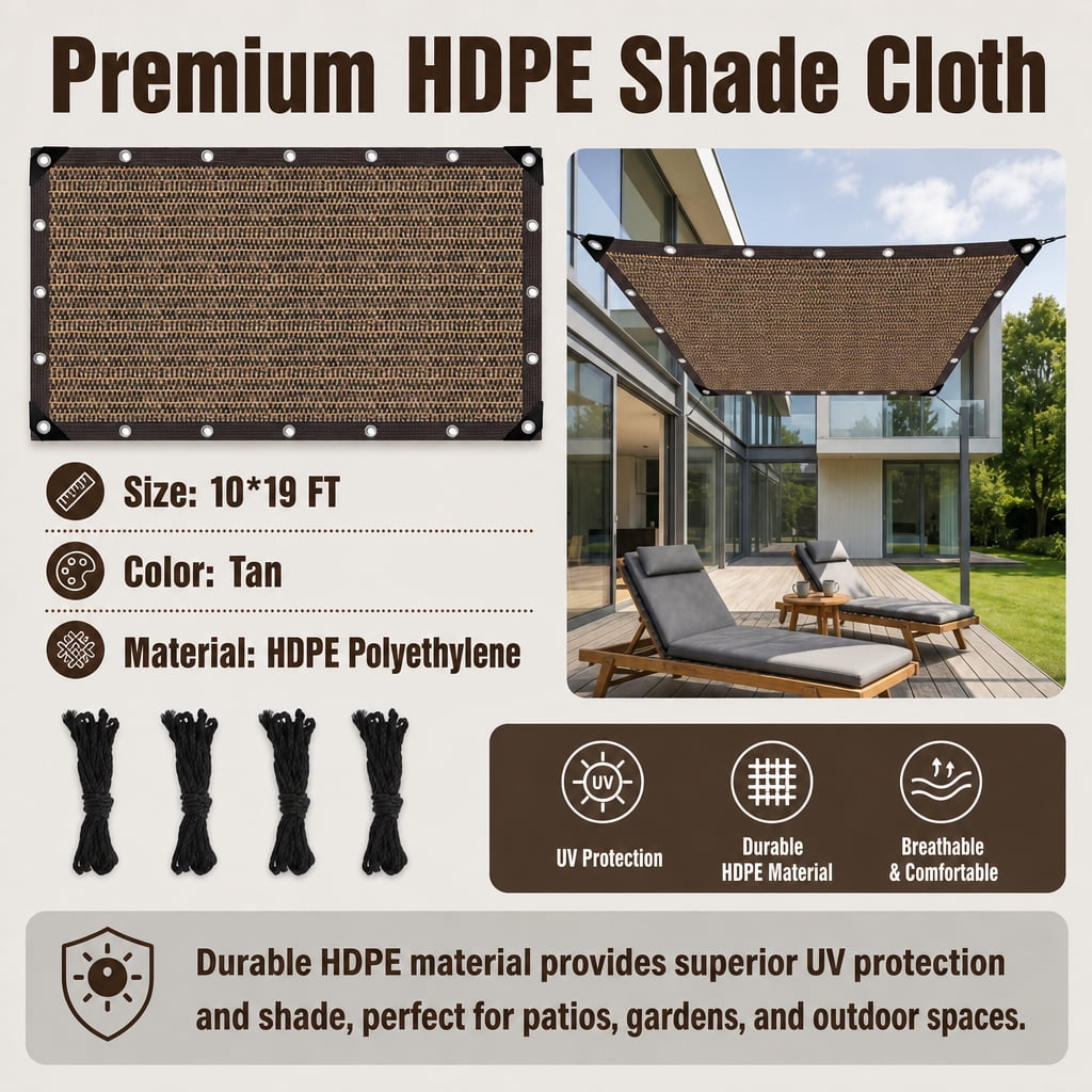 Doulami 10' X 19' Sun Shade Cloth, 90% Patio Sun Shade Canopy, Rectangle Sand UV Block Sunshade for Backyard Yard Deck Patio Garden Outdoor Activities and Facility,brown