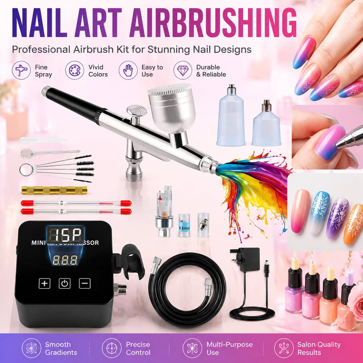 Doulami Airbrush Kit with Air Compressor, Digital Display High Pressure Air Brush Non-Clogging with 0.2/0.5mm Nozzle, for Painting,Modeling,Cake Decor, Makeup,Black