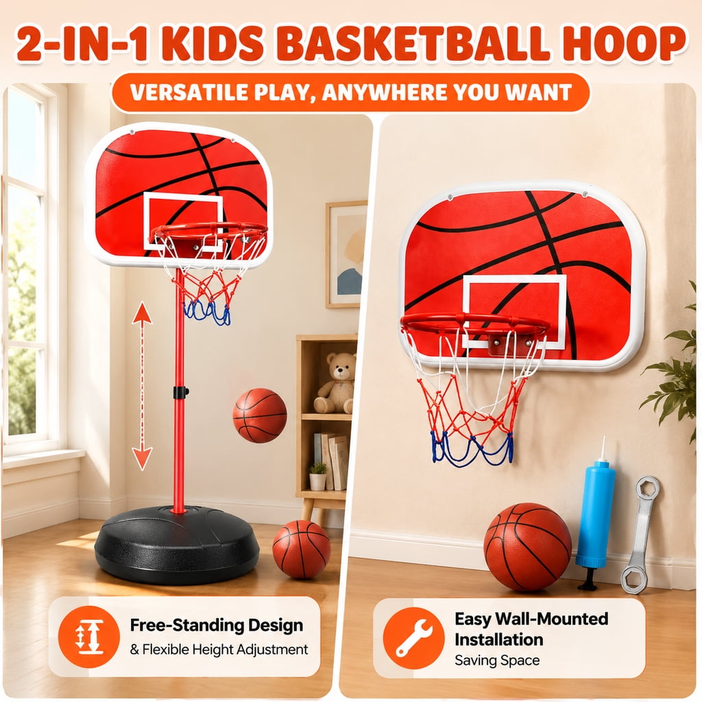 Doulami Kids Basketball Hoop, 1.8M Height Adjustable Indoor Outdoor Mini Basketball Goal Set with 3 Basketballs & Inflatable Pump, Sports Toy Gift for Boys Girls 3-8 Years Old