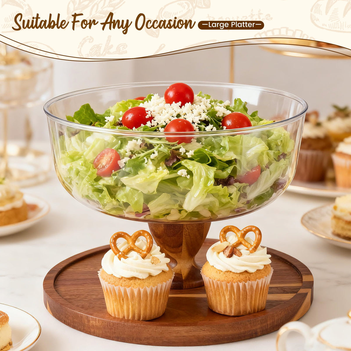 Doulami 12 Inch Cake Stand with Glass Dome, Wooden Cake Display Stand, Multifunctional Serving Tray for Dessert Fruit Salad
