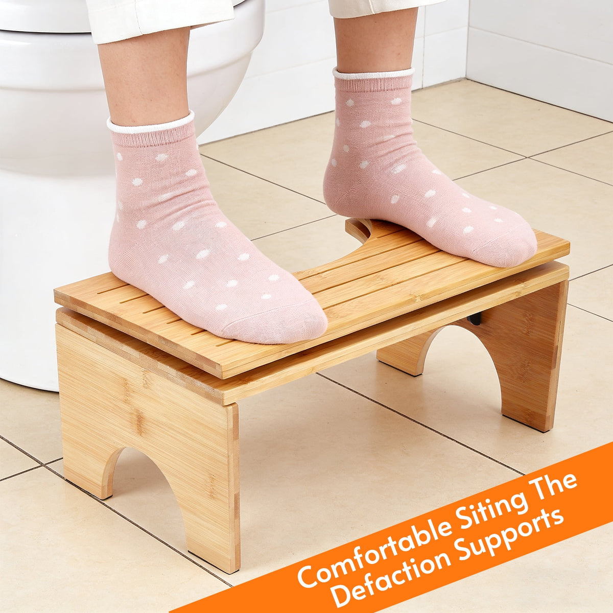 Doulami Bamboo Toilet Stool Foldable, 7" & 9" Adjustable Height Bathroom Toilet Step Stool