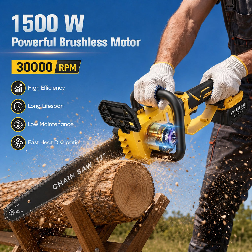 Doulami 12 Inch Cordless Chainsaw, 21V Brushless Power Chain Saw with 2 Batteries, 2-in-1 Telescopic Pole Saw for Tree Trimming, Tool-Free Tension & Auto Lubrication